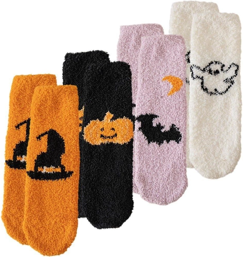 Constprog 4 Pairs Fluffy Socks Halloween Socks Novelty Sleeping Socks Winter Warm Festival Party