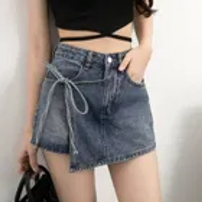 Magimomo - High Waist Washed Tie-Up Mini Denim Skort | YesStyle