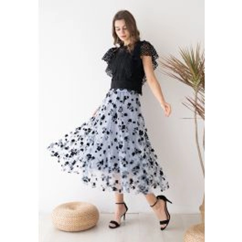 3D Posy Double-Layered Mesh Midi Skirt in Dusty Blue