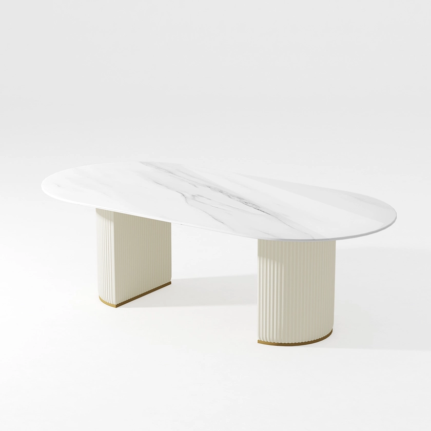 Modern Minimalist White Oval Sintered Stone Dining Table, with Roman Column Frame Table Legs