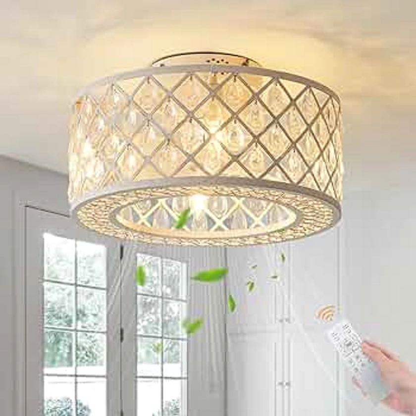 18-Inch Crystal Fan Light, Lantern-Shaped Industrial Chandelier, with Remote Control, Suitable for Indoor Places Such as Room and Living Room, Including Bulb (White)