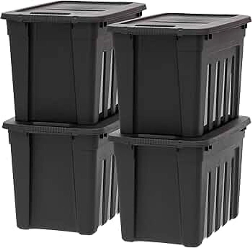 IRIS USA 20 Gallon Heavy Duty Totes for Storage with Easy-Grip Handles, 4 Pack - Made in USA, Storage Bins with Lids, Durable Stackable Utility Containers, Large Garage Organizing Tubs - Black