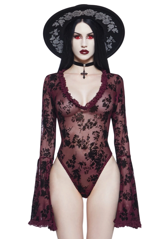 Widow Mesh Bodysuit With Flocked Floral Designs - Red