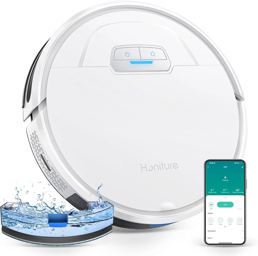 HONITURE Robot Aspirateur Laveur Poils Animaux, G20 Aspirateur Robot 3 en 1, 4000PA, Alexa/WiFi/APP, Idéal pour Tapis Sols Durs, Ultra-Mince Silencieux