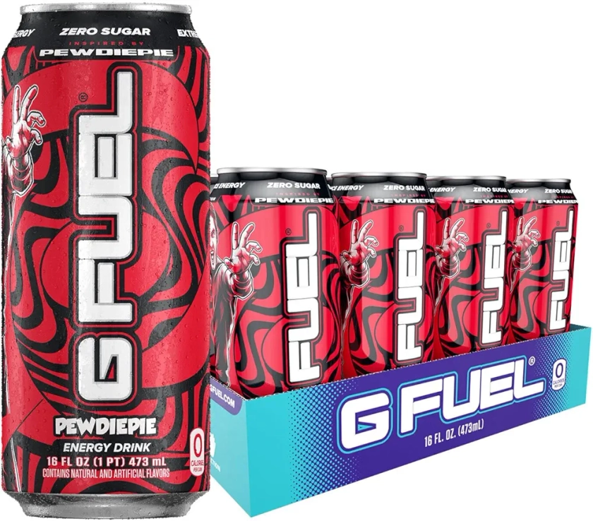 G Fuel PewDiePie Energy Drink, Sugar Free, Healthy Drinks, Zero Calorie, 300 mg Caffeine per Carbonated Can, Lingonberry Fruit Flavor, Focus Amino, Vitamin + Antioxidants Blend - 12 Pack