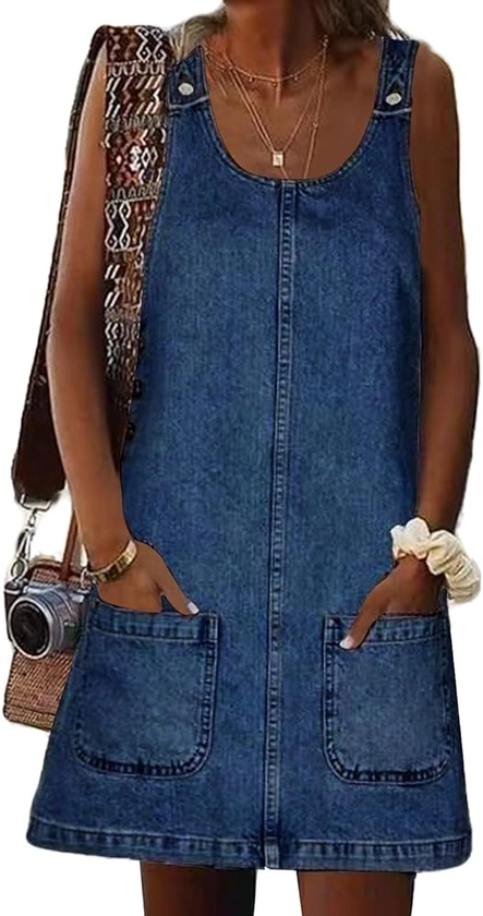 Xaspee Denim Overall Dress for Women Casual Mini Sleeveless Jean Vintage Jumper Skirt Dress with Pockets