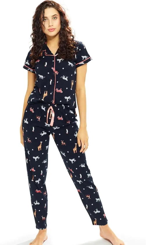 Buy LOTIK Women's Cotton Animal Printed Shirt & Payjama Nightwear set Navy Blue at Amazon.in