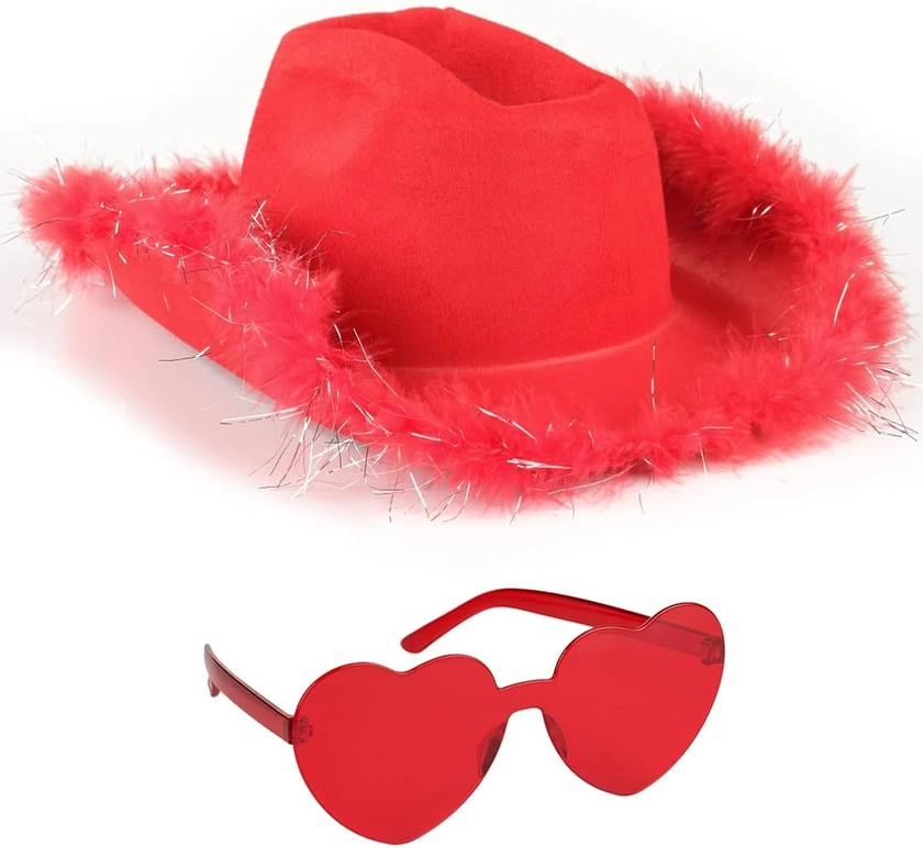 Funcredible Cowboy Hat and Glasses - Fluffy Cowgirl Hat - Feather Cowboy Hats for Women - Cowgirl Costume Accessories