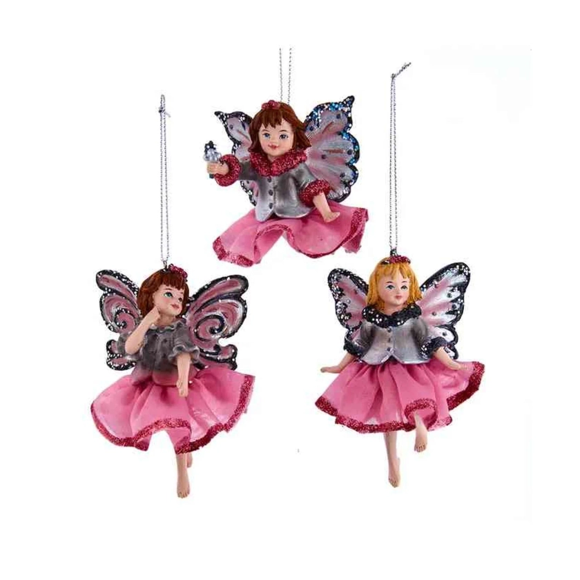 Kurt Adler 4" Pink and Pewter Fairy Ornaments, Set of 3, Assortment