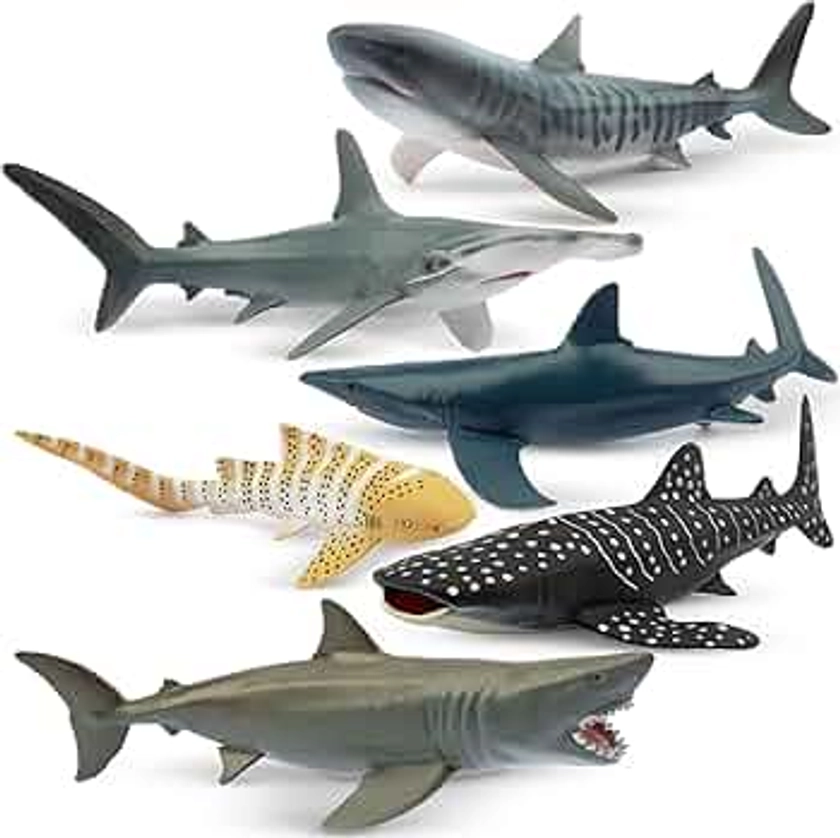 Toymany 6PC Realistic Shark Figurines Set - 5-6" Ocean Animals Bath Toys, Cake Toppers, Gifts for Kids & Toddlers