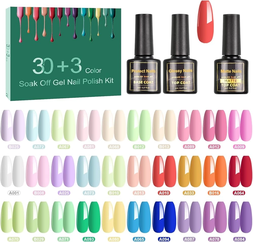 SINZONeu Vernis Semi Permanent, 33 Manucure Nail Art Lot Vernis à Ongles Gel UV LED Nail Polish 30 ouleurs Populaire Avec Base et Top Coat, Matt Top Coat, 8ml