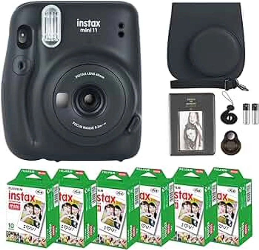 Fujifilm Instax Mini 11 Camera with Fujifilm Instant Mini Film (60 Sheets) Bundle with Deals Number One Accessories Including Carrying Case, Selfie Lens, Photo Album, Stickers (Charcoal Gray)