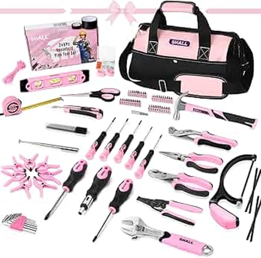 SHALL Pink Tool Set, 246-Piece Home Tool Kit for Women, Ladies Basic Tool kit for House with 14”Wide Mouth Open Tool Bag, General Household Hand Tool Set for Home Repair, Maintenance and Improvement