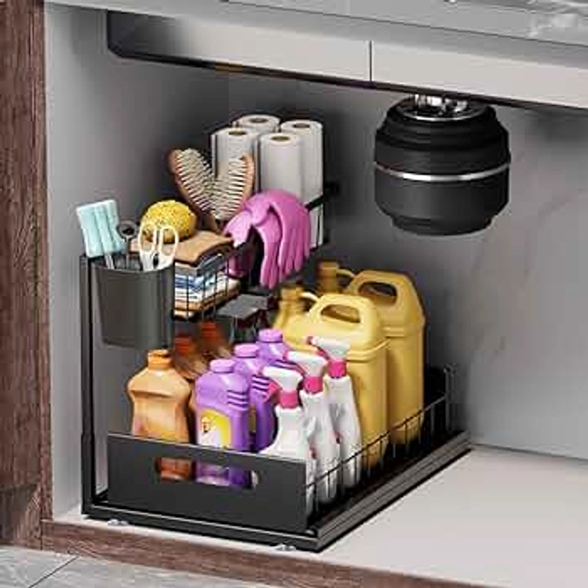 ABSupus 2-Tier Metal Under Sink Storage and Organizers, Pull Out Kitchen Storage with hanging cup, Sliding Shelf Adjustable Under Sink Rack for Bathroom Cabinet Countertop Laundry