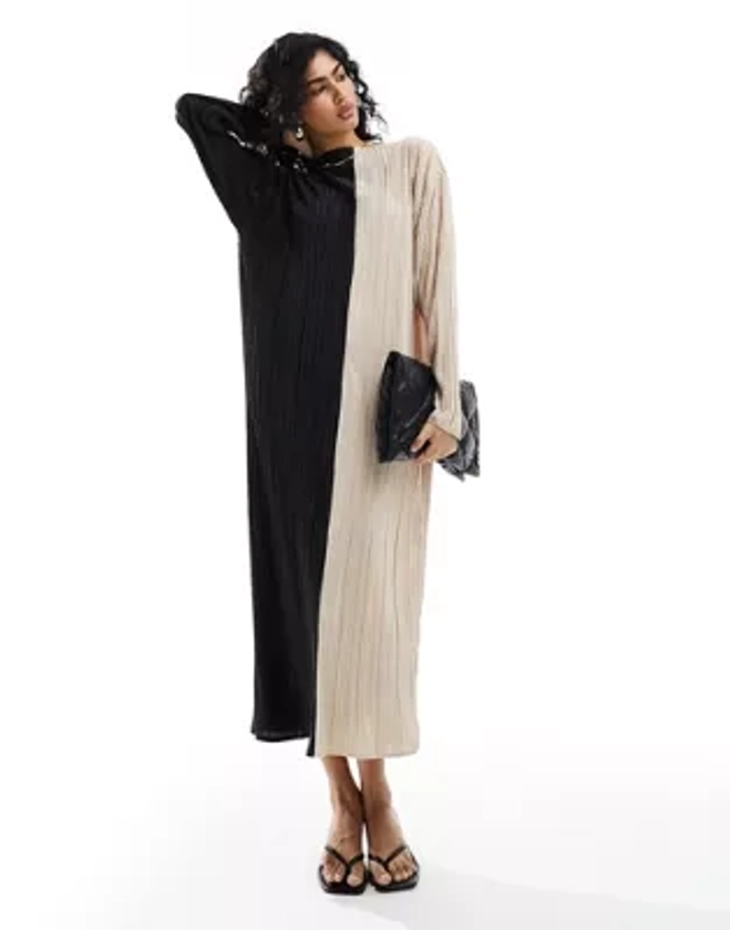 ASOS DESIGN long sleeve maxi plisse dress in color block
