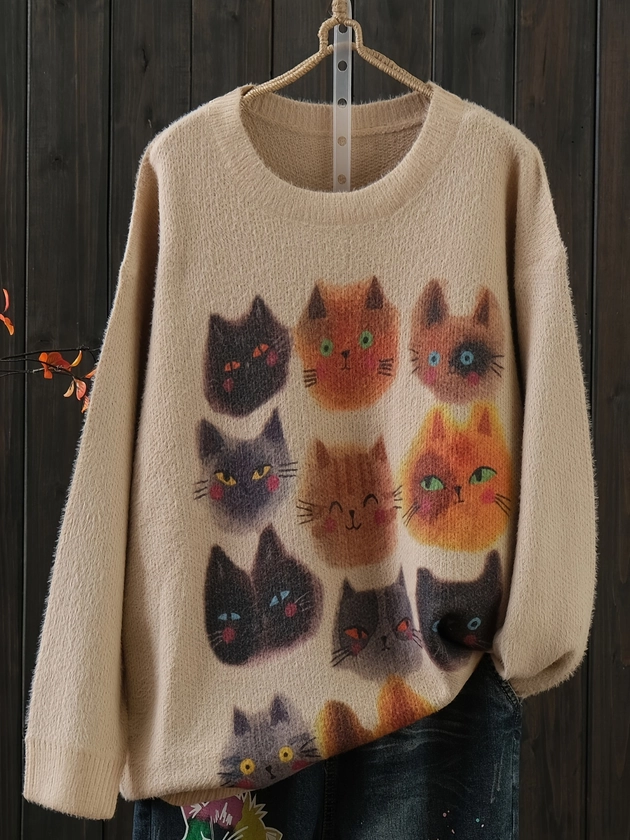 Plus Size Cartoon Cat Pattern Sweater, Casual Long Sleeve Crew Neck Sweater For Fall &amp; Winter, Women&#39;s Plus Size Clothing
