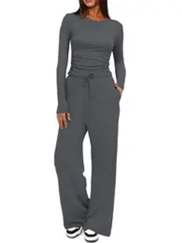 Two-piece Set Women's Solid Ruched Tee & Drawstring Pocket Pants Lounge Set, Casual Long Sleeve T-shirt & Elastic Waist Trousers, Ladies Sleepwear for All Seasons