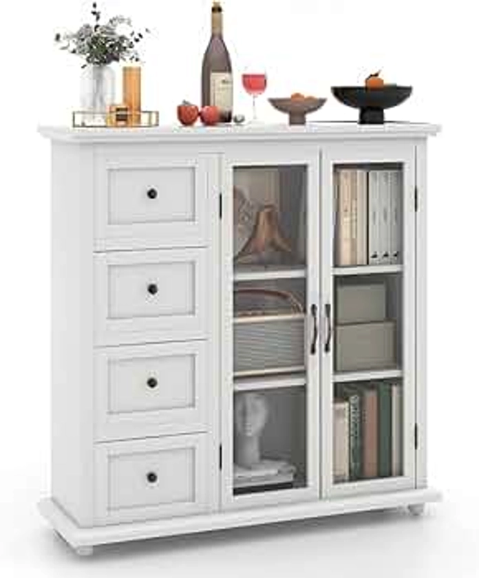COSTWAY Sideboard Buffet Cabinet, Kitchen Storage Cabinet with 4-Drawers, 2 Tempered Glass Doors, Buffet Table, Accent Cabinet for Entryway, Dining Room, Kitchen, Home, Basement, White