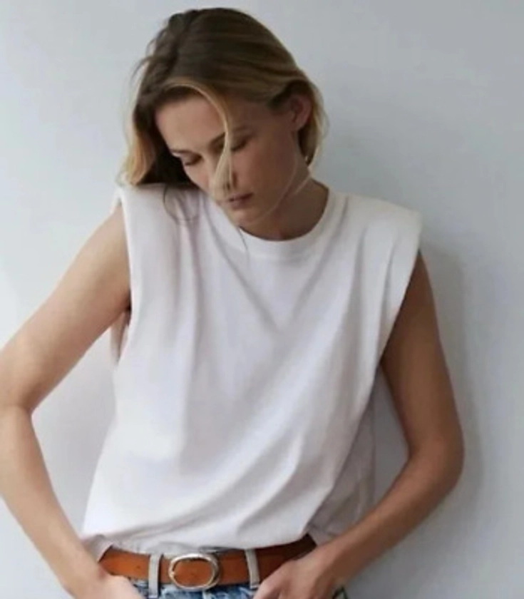 Zara white t-shirt muscle shirt y2k shoulder pads 100% cotton new large | eBay