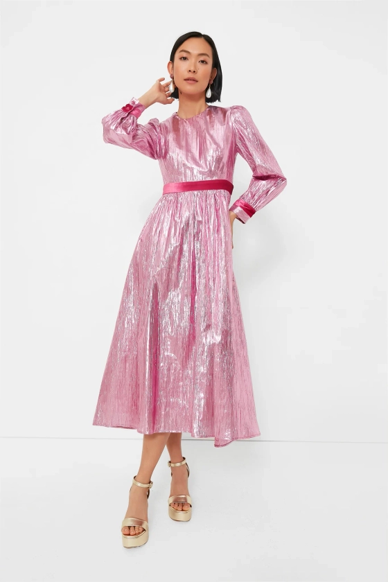 Pink Metallic Plisse Eloise Midi Dress | Hyacinth House
