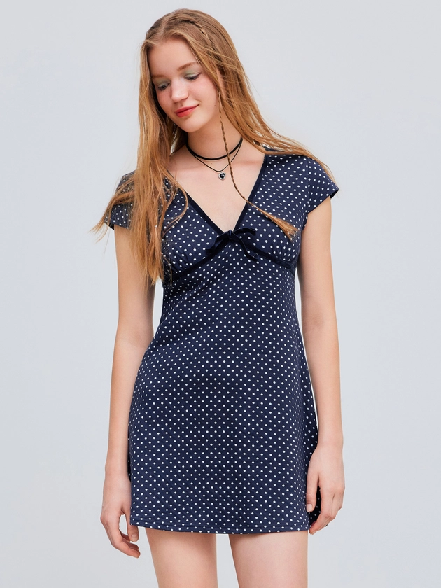 Knit Fabric V-neck Polka Dot Knotted Mini Dress For Daily Casual
