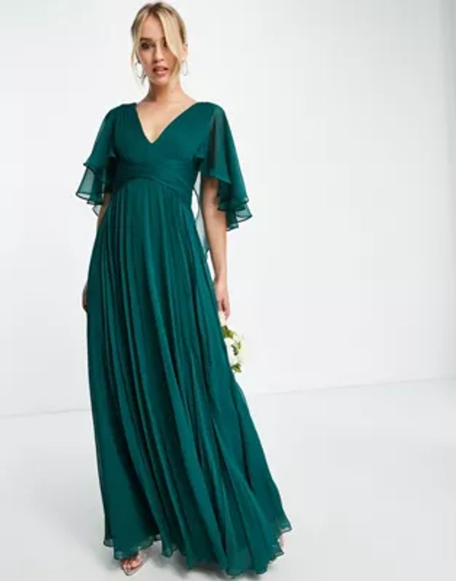 ASOS DESIGN - Robe longue drapée pour demoiselle d'honneur à mancherons évasés avec corsage froncé et taille croisée - Vert forêt | ASOS