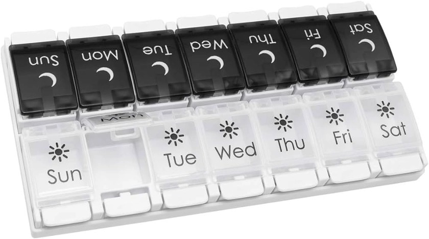Amazon.com: EZY DOSE Push Button (7-Day) Pill Case, Medicine Planner, Vitamin Organizer, 2 Times a Day AM/PM, Removeabale Trays, Large Compartments, Arthritis Friendly, Black and White Lids, BPA Free : Health & Household