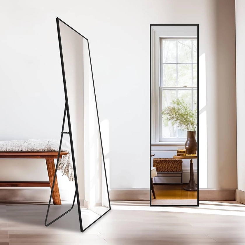 Delma Wall Mirror Full Length Mirror,Standing Mirror Full Body,Large Floor Mirror for Wall Door Bedroom Bathroom Living Room with Aluminium Frame(with Stand,56x15-Black)