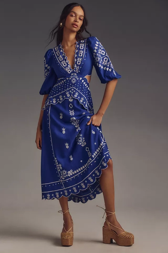 Farm Rio Embroidered Puff-Sleeve Cutout Midi Dress | Anthropologie