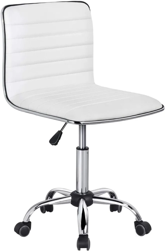 Yaheetech Adjustable Office Chair Armless Desk Chair Faux Leather Swivel Computer Chair Low Back with Wheels and Height Adjustable for Home Work Study White