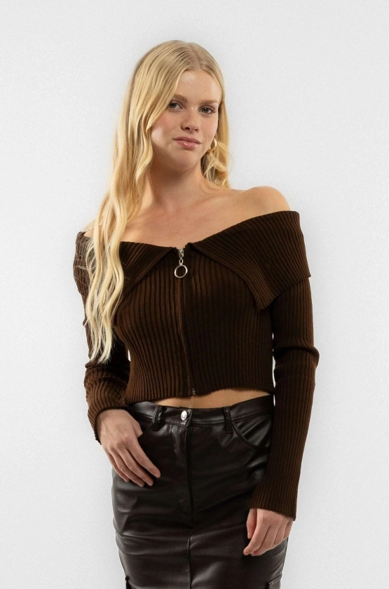 Chocolate Knitted Zip Through Collar Long Sleeve Top