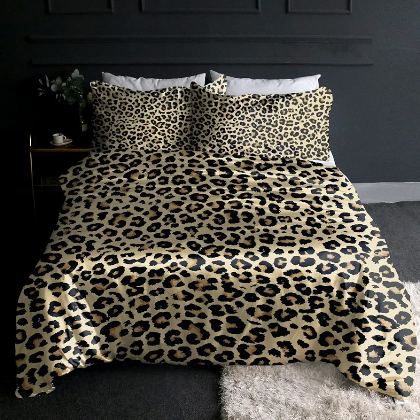 BlessLiving Leopard Animal Satin Single Bedding Set Modern Cheetah Pattern Silk Duvet Cover 3 Piece Gold Brown Ultra Soft Silky Quilt Cover with 2 Pillow Shams for Women Men