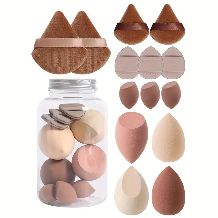14pc Makeup Sponge Set With Storage Jar, * Blenders, Latex-Free, Makeup Sponge Finger Puff, Dual-Use Wet & Dry Foundation Cosmetic Puffs, For All Skin Types