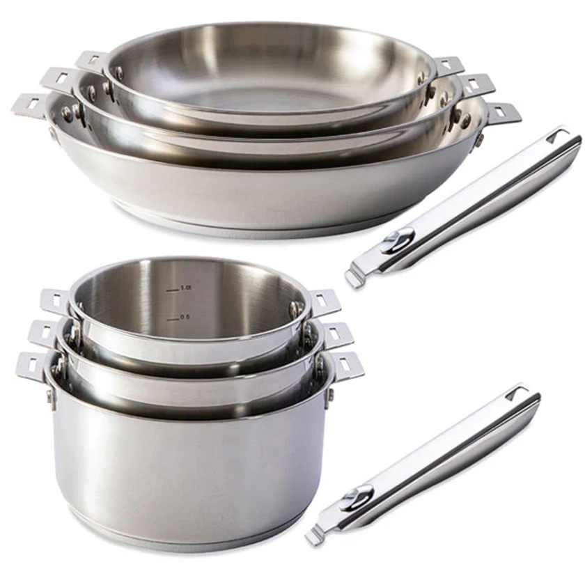 Lot 3 casseroles et 3 poêles tout inox Clips’Inox et 2 manches amovibles