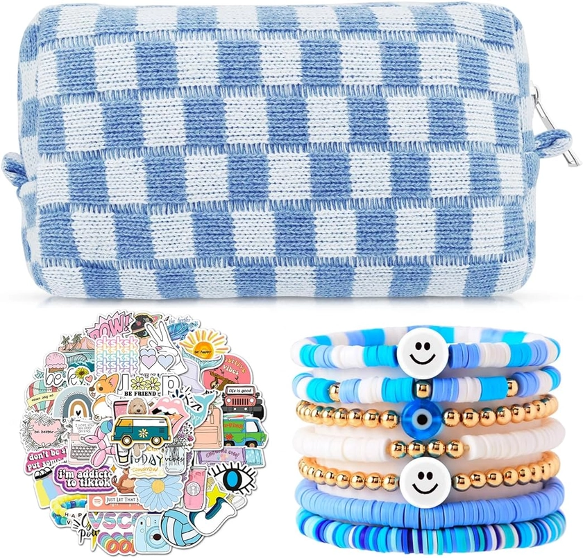 Amazon.com: 58 Pcs Checkered Makeup Bag Set Preppy Aesthetic Cosmetic Bag Travel Makeup Pouch Toiletry Bag 7 Heishi Surfer Bracelets with 50 Cute Preppy Stickers for Women Girls Teens Gift (Blue) : Beauty & Personal Care