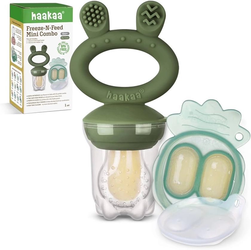 Haakaa Bébé Fruits Nourriture Mangeoire & Mini plateau à grignoter, Moule à glace pour lait maternel, Mangeoire silicone sans BPA pour auto-alimentation sûre nourrisson, 4 mois et plus-Vert olive