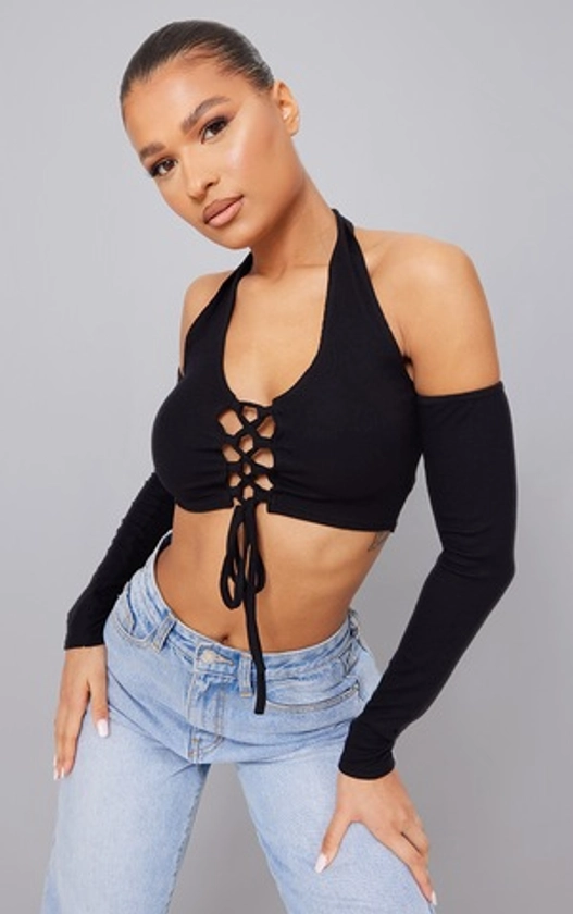 Black Soft Rib Lace Up Cold Shoulder Crop Top