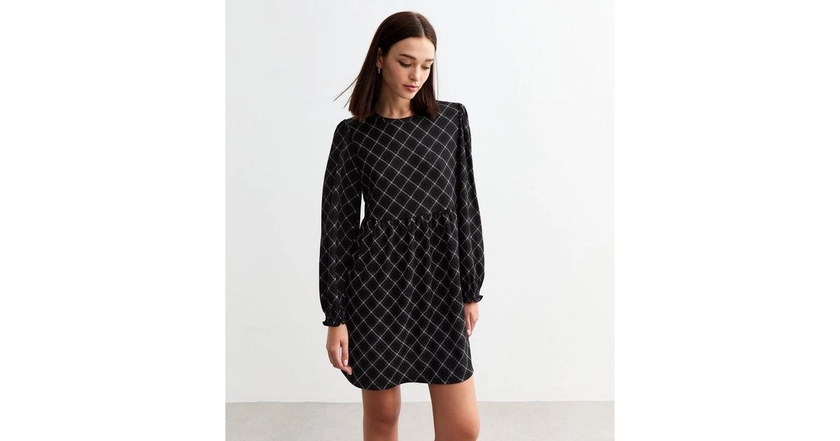 Black Checked Crinkled Long Sleeve Mini Smock Dress | New Look