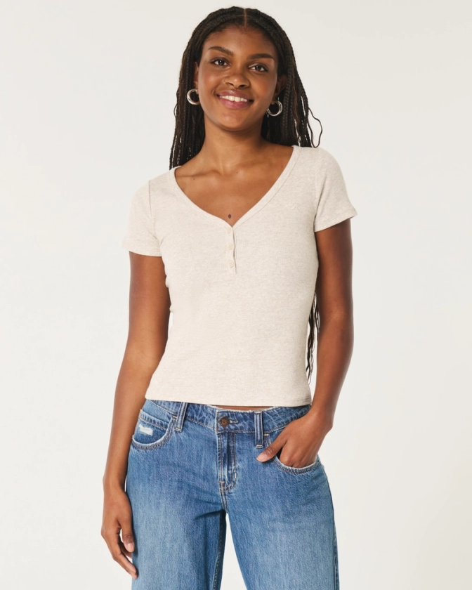 Women's Ribbed Short-Sleeve Icon Henley | Women's Clearance | HollisterCo.com