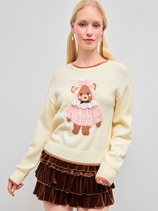 Knit Round Neckline Bear Contrasting Binding Sweater