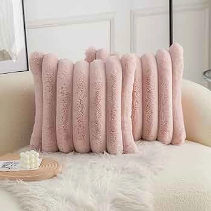 Neelvin Pink Faux Fur Cozy Soft Striped Decorative Throw Pillow Covers 18x18 inch Set of 2,Velvet Pillowcase Cushion Case for Sofa Couch