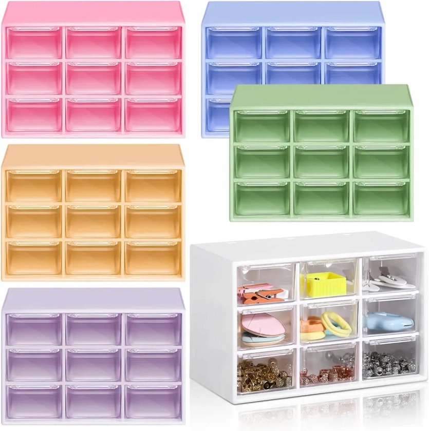 6 Pcs Mini Drawer Organizer Small Organizer with Drawers Plastic Desktop Storage Box with 9 Drawers Desk Craft Organizer for Office Home Room Jewelry Cosmetics Collection, Wall Mounted (Multicolored)