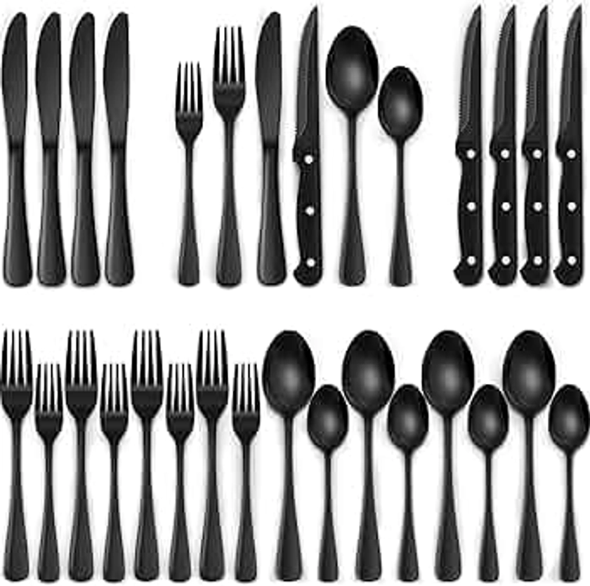 24-Piece Black Silverware Set with Steak Knives, Black Flatware Set for 4, Food-Grade Stainless Steel Tableware Cutlery Set, Mirror Finished Utensil Sets for Home Restaurant