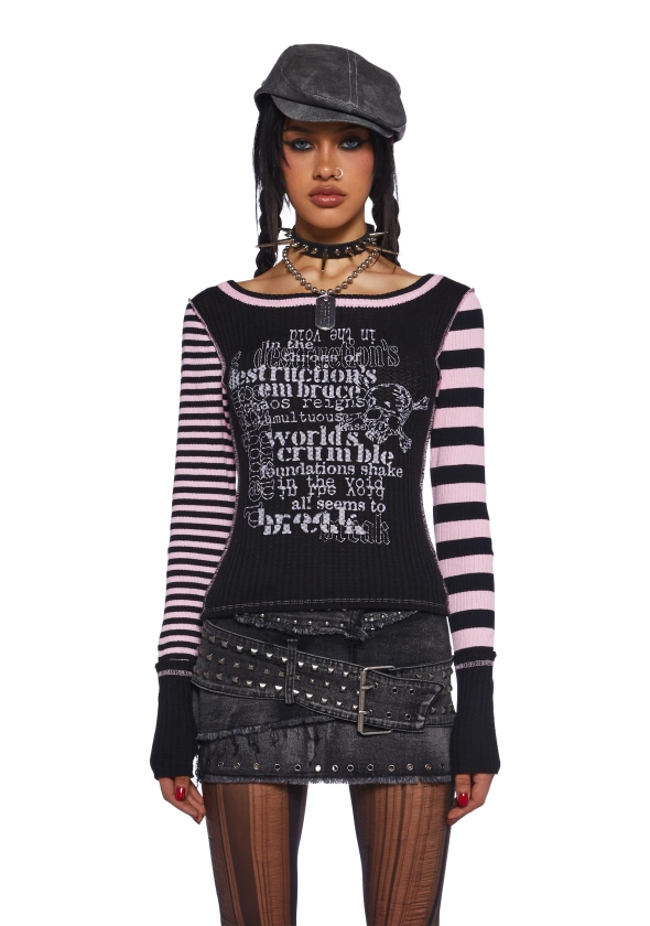 Current Mood Punquetee Punk Rock Waffle Knit Striped Graphic Long Sleeve Tee - Black