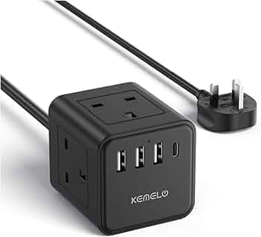 Cube Extension Lead with 4 USB Slots, Kemelo 4 Way (13A/3250W) Multi Plug Extension Cable with Child Safety UK Desktop Power Extension Socket,1.5M Extension Cords for Home Dorm Office Travel, Black