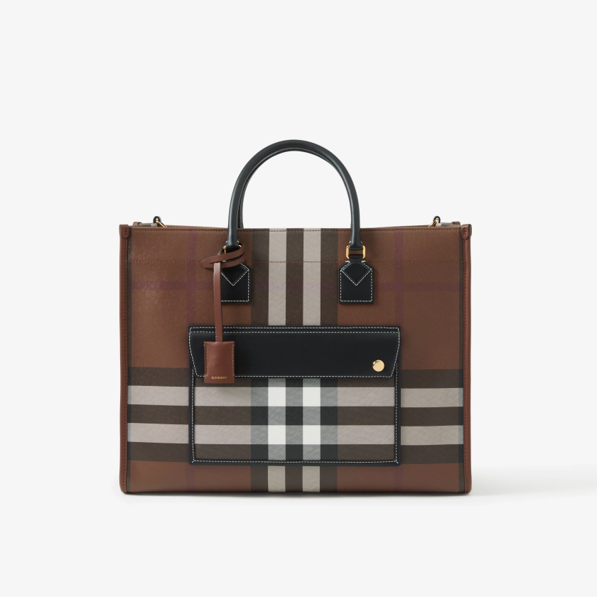 Check and Leather Medium Freya Tote in Dark Birch Brown - Women | Burberry® Official