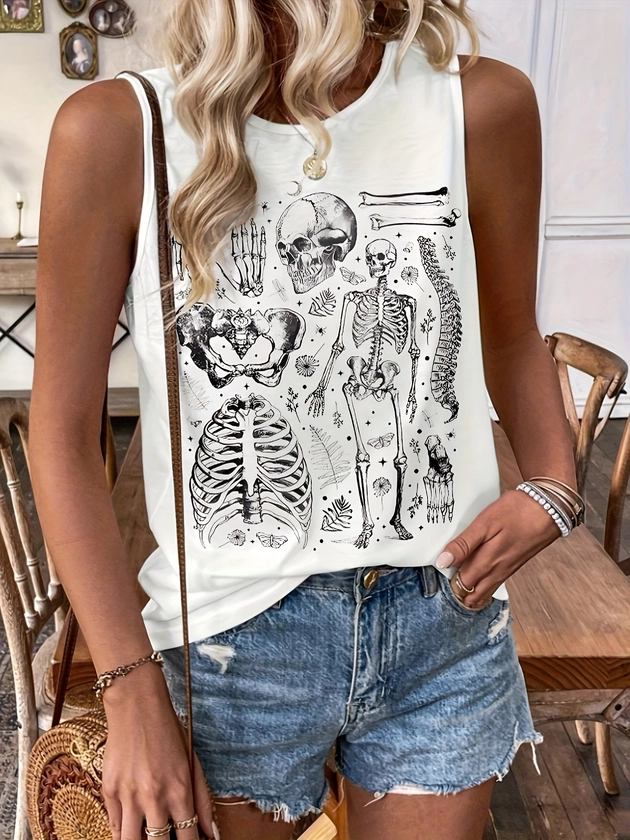 Skull Print Tank Top, Casual Sleeveless Top For Spring &amp; Summer, Women&#39;s Clothing