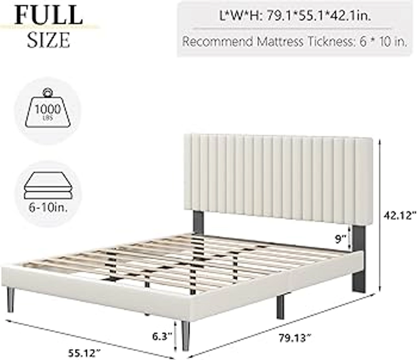 Full Size Platform Bed Frame with Velvet Upholstered Headboard, Full Bed Frame with Strong Wood Slats, Mattress Foundation, Box Spring Optional, Easy Assembly, Beige