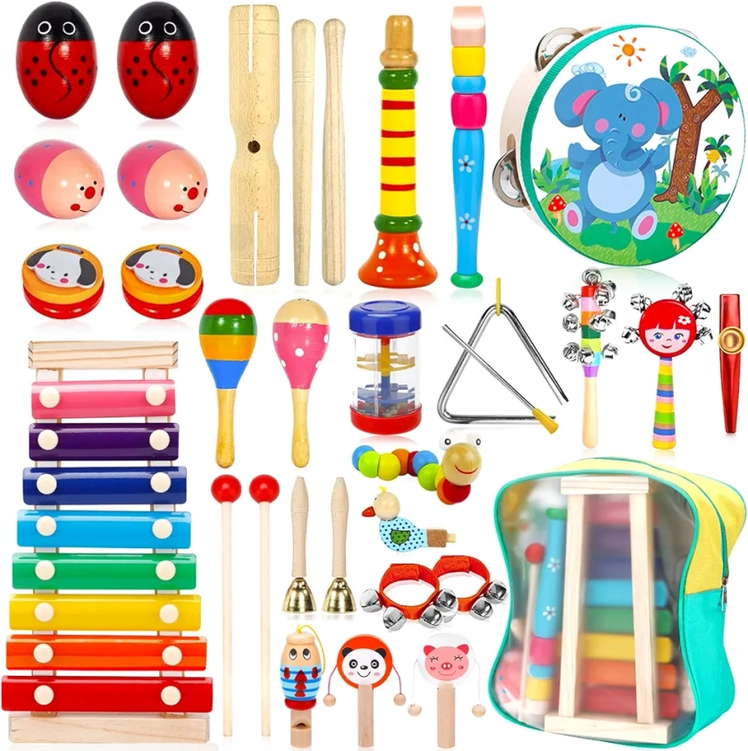 Purpledi 33PCS Instruments de Musique pour Enfants, Instrument Percussion Enfant Jouets Musicaux Bois de l'enfant avec Xylophone, Jouets avec Sac de Transport Cadeau de Noël pour Un Anniversaire