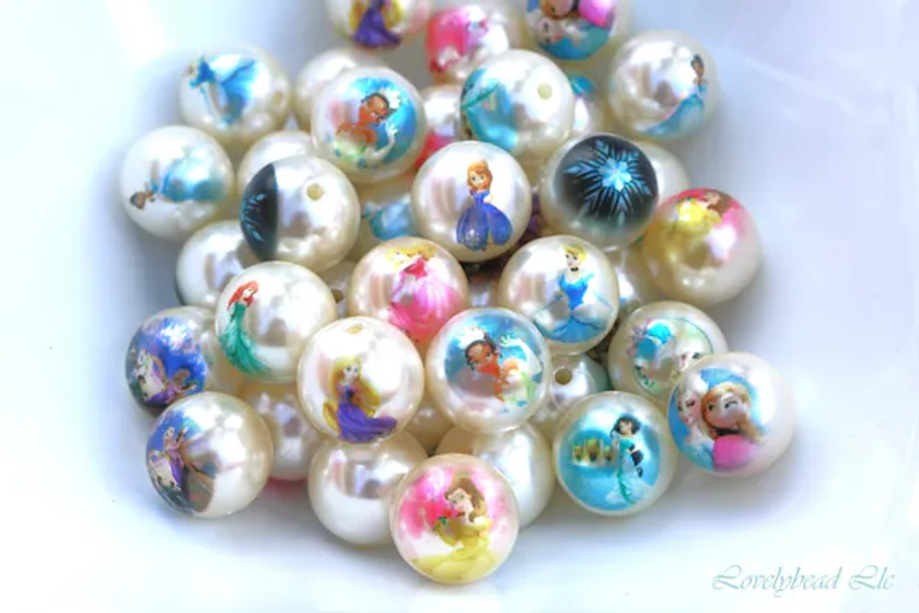 20mm Princess Characters Mix Bubblegum Beads, Chunky Bead Mix, Printed Beads, Girls Necklace Beads, DIY Beads (20 Beads)